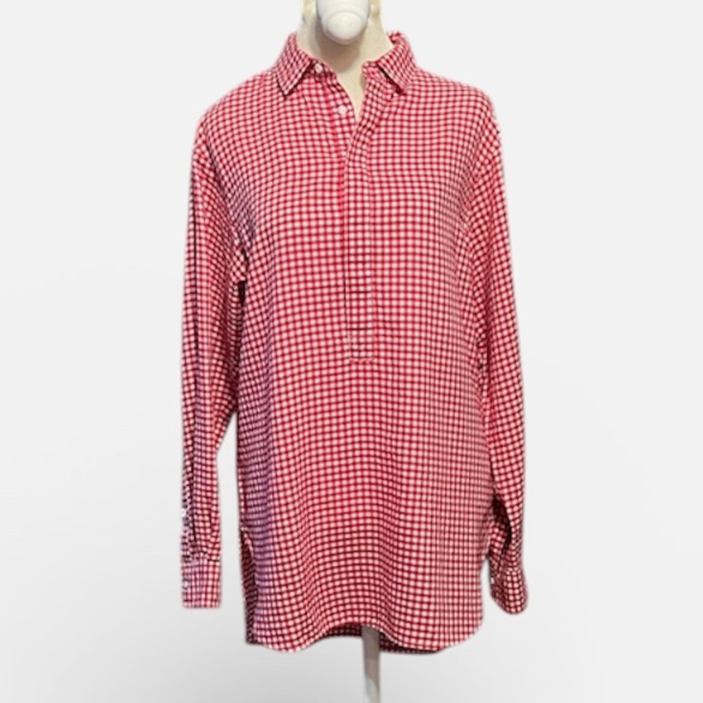 Cremieux No-Iron LS Popover Shirt in Red & White Gingham Women’s Size Small
